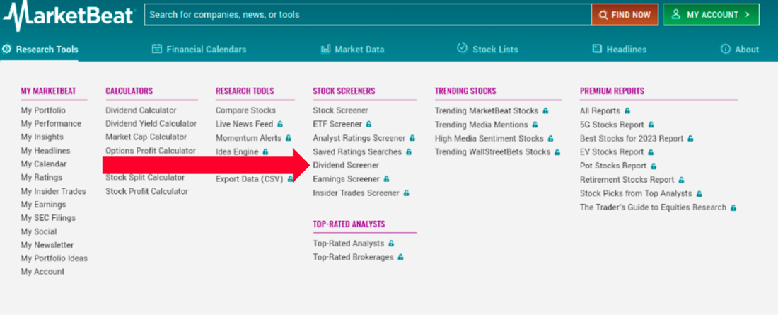 How to access the dividend screener on the MarketBeat website